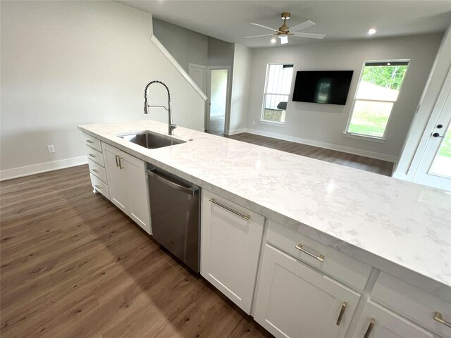 3244 Crites St, Richland Hills, TX 76118 - kitchen featuring a sink, dishwasher, white cabinetry, dark wood-style flooring, and recessed lighting