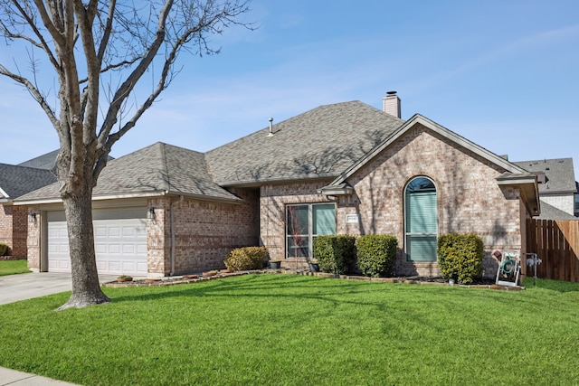 view of front facade with brick siding, a chimney, roof with shingles, fence, and a front yard