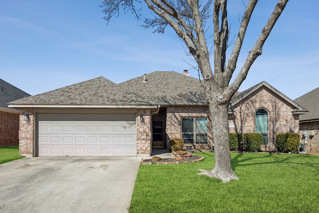 view of front of property with brick siding, a front lawn, an attached garage, and a shingled roof