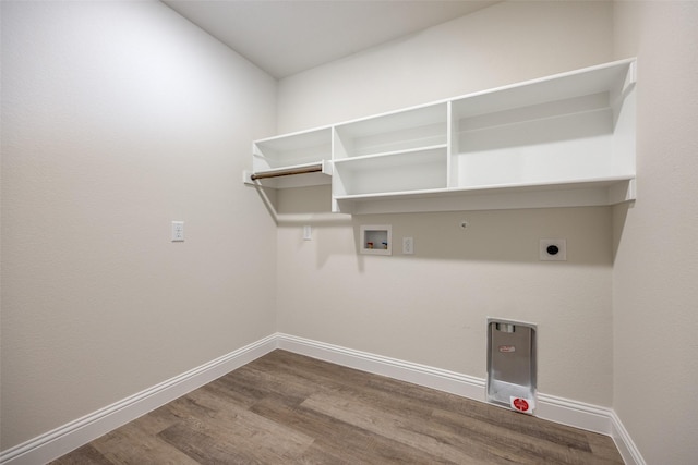 414 Water St, Whitesboro, TX 76273 - laundry area with gas dryer hookup, electric dryer hookup, dark wood-style flooring, hookup for a washing machine, and baseboards