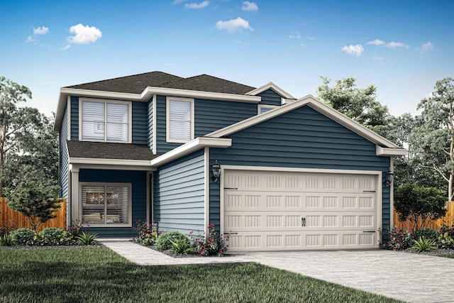 4129 Lava Forest Dr, Dallas, TX 75241 - view of front facade featuring a garage, a shingled roof, concrete driveway, fence, and a front yard