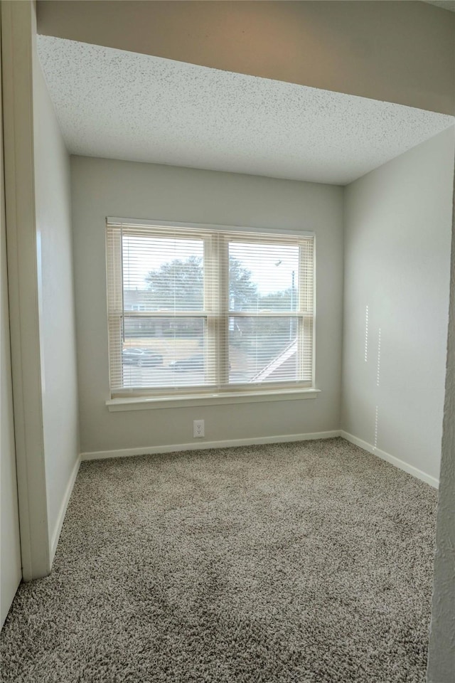 unfurnished room with a wealth of natural light, a textured ceiling, baseboards, and carpet flooring