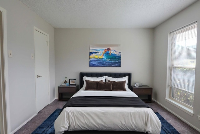 carpeted bedroom with multiple windows, a textured ceiling, and baseboards