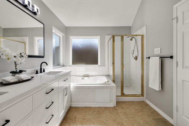 bathroom with a shower stall, vanity, and a healthy amount of sunlight