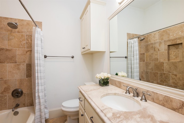 full bathroom with toilet, shower / bathtub combination with curtain, and vanity
