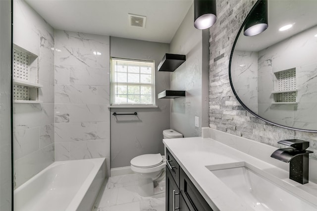 bathroom with toilet, marble finish floor, vanity, and visible vents