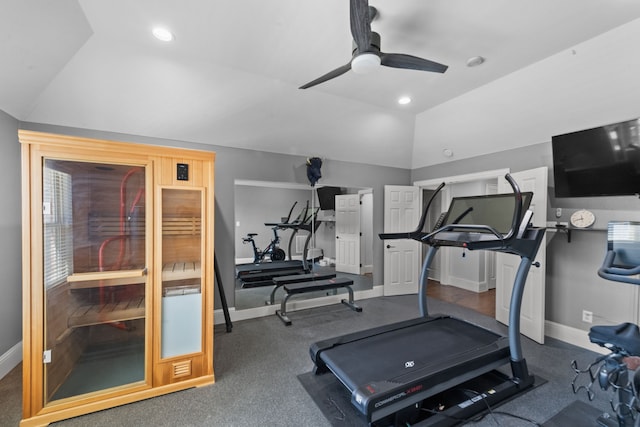 exercise area featuring recessed lighting, vaulted ceiling, baseboards, and ceiling fan