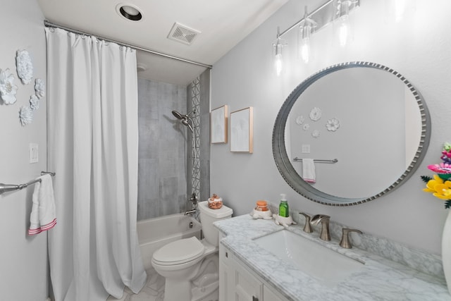 full bathroom with visible vents, shower / bathtub combination with curtain, toilet, and vanity