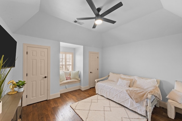 living area featuring baseboards, visible vents, lofted ceiling, ceiling fan, and wood finished floors