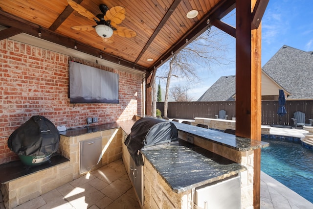 view of patio / terrace featuring a fenced in pool, area for grilling, a fenced backyard, ceiling fan, and grilling area