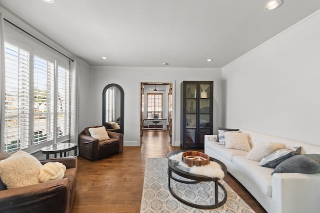 living area featuring baseboards, ornamental molding, wood finished floors, and recessed lighting