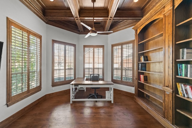 unfurnished office with ornamental molding, a wealth of natural light, dark wood finished floors, and baseboards