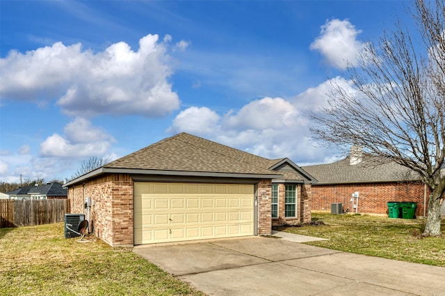 single story home with central AC unit, an attached garage, brick siding, fence, and driveway