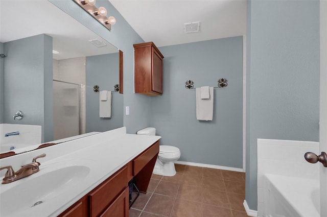 full bathroom with a stall shower, vanity, baseboards, and a bath