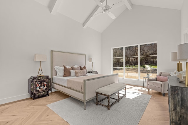 bedroom featuring ceiling fan, high vaulted ceiling, beam ceiling, and baseboards