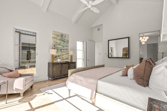 bedroom featuring a ceiling fan, high vaulted ceiling, beam ceiling, and wood finished floors