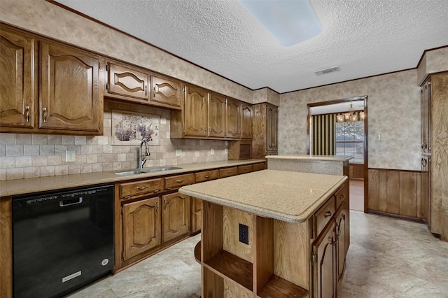 268 Roland Rd, Whitesboro, TX 76273 - kitchen featuring a sink, light countertops, wainscoting, dishwasher, and open shelves