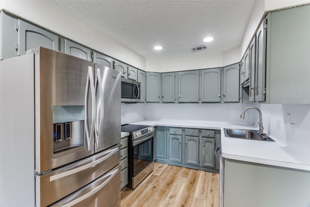 kitchen with visible vents, appliances with stainless steel finishes, gray cabinets, and a sink