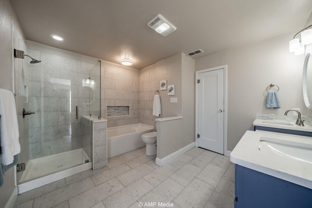 bathroom with marble finish floor, a sink, visible vents, and a shower stall