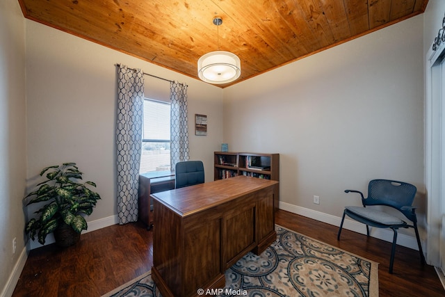 office with dark wood-type flooring, wood ceiling, and baseboards