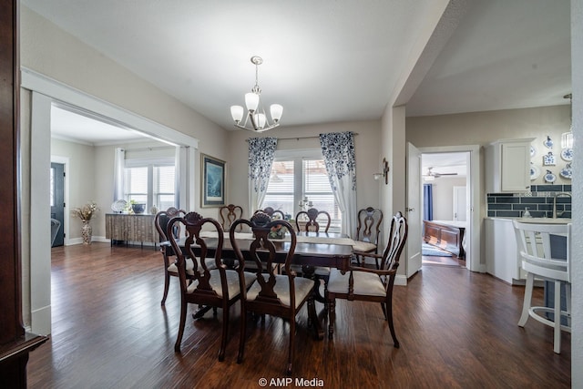 dining room featuring dark wood-type flooring, a wealth of natural light, and baseboards