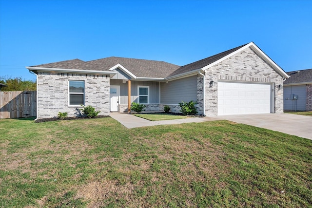 single story home with a garage, brick siding, fence, concrete driveway, and a front yard