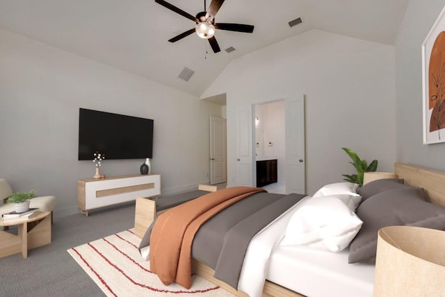 bedroom with high vaulted ceiling, visible vents, and carpet flooring