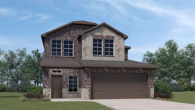 view of front of home featuring driveway, brick siding, stone siding, and roof with shingles