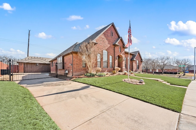 exterior space featuring a gate, brick siding, a lawn, and fence