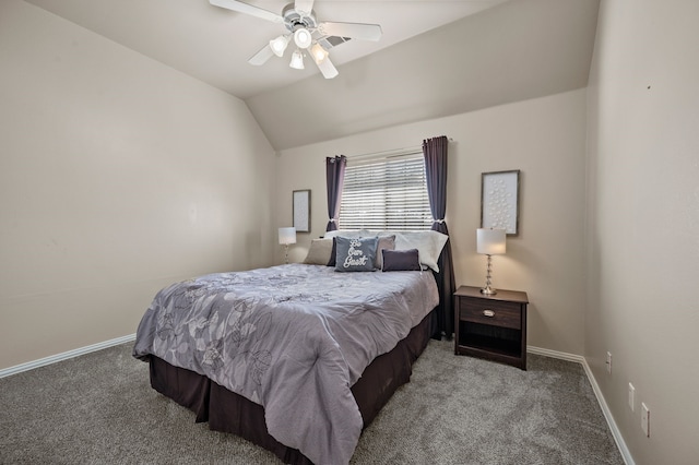 bedroom featuring carpet floors, lofted ceiling, visible vents, ceiling fan, and baseboards