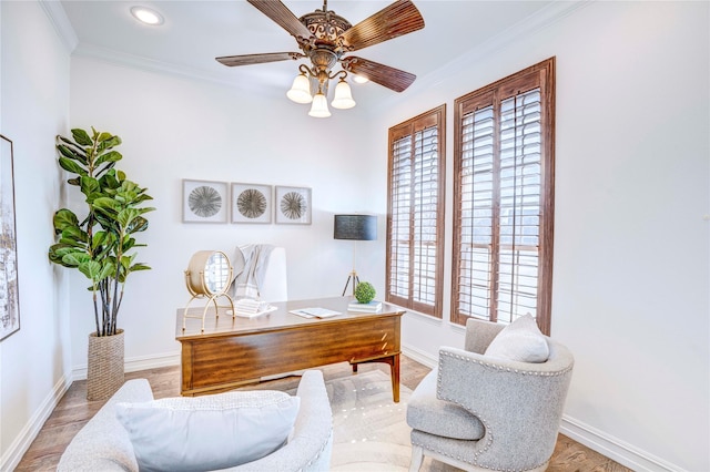 office area with recessed lighting, ornamental molding, ceiling fan, wood finished floors, and baseboards