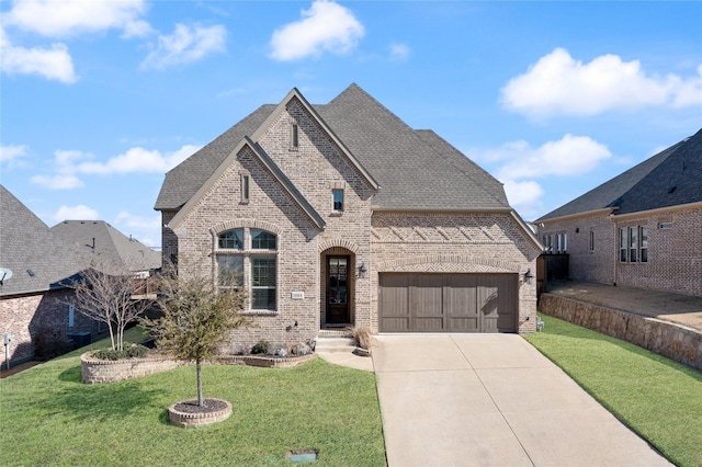 french country inspired facade featuring concrete driveway, brick siding, roof with shingles, and a front yard