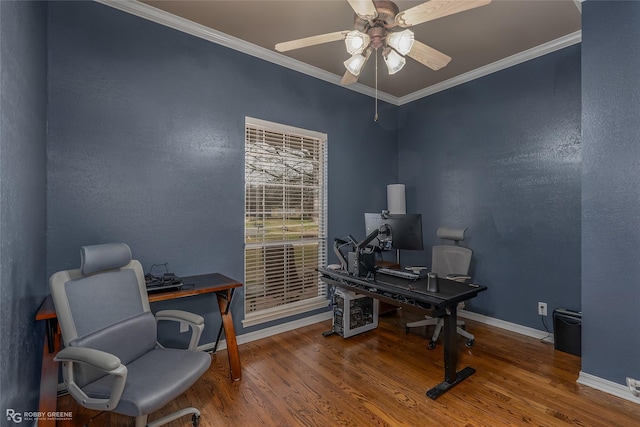 612 Kari Crk, Bossier City, LA 71111 - office area featuring ornamental molding, baseboards, wood finished floors, and ceiling fan