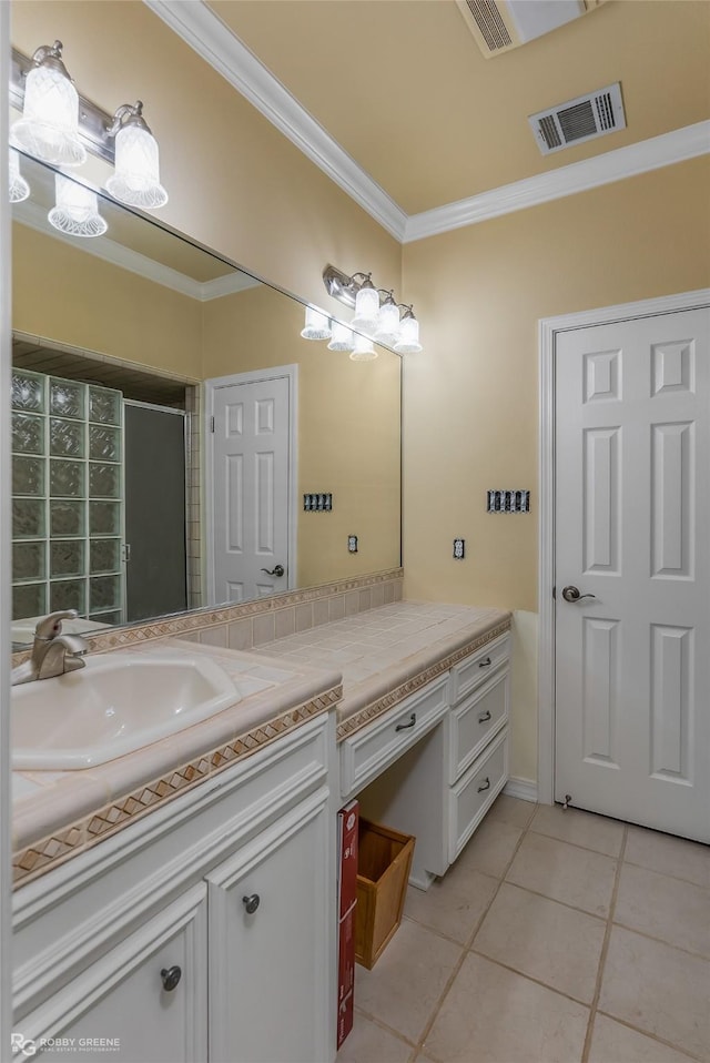 full bathroom with crown molding, visible vents, a stall shower, vanity, and tile patterned flooring