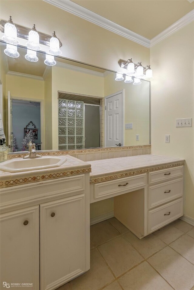 612 Kari Crk, Bossier City, LA 71111 - full bath with tile patterned flooring, ornamental molding, vanity, and a stall shower