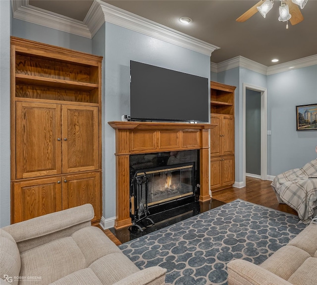 612 Kari Crk, Bossier City, LA 71111 - living area featuring ceiling fan, baseboards, crown molding, and dark wood-style floors