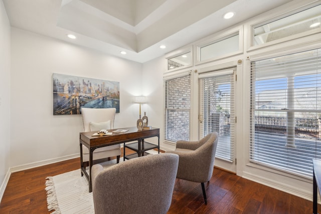 home office with recessed lighting, dark wood finished floors, and baseboards