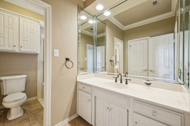 full bath featuring tile patterned flooring, toilet, vanity, baseboards, and ornamental molding