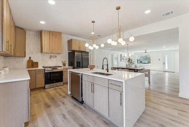 kitchen with stainless steel appliances, a sink, visible vents, light countertops, and light wood-type flooring