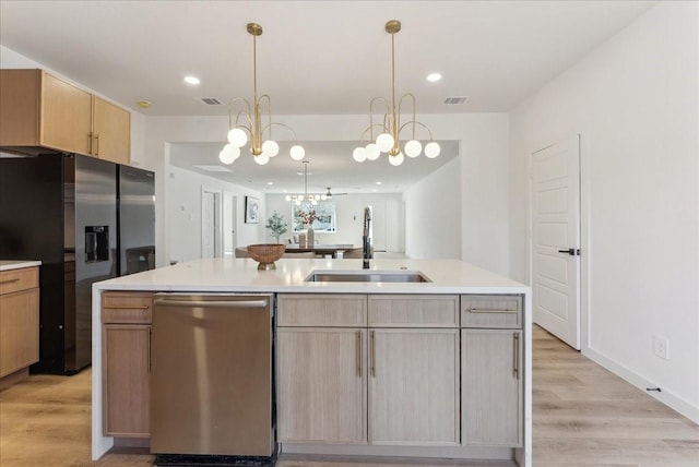 kitchen with stainless steel appliances, light countertops, a sink, and a center island with sink