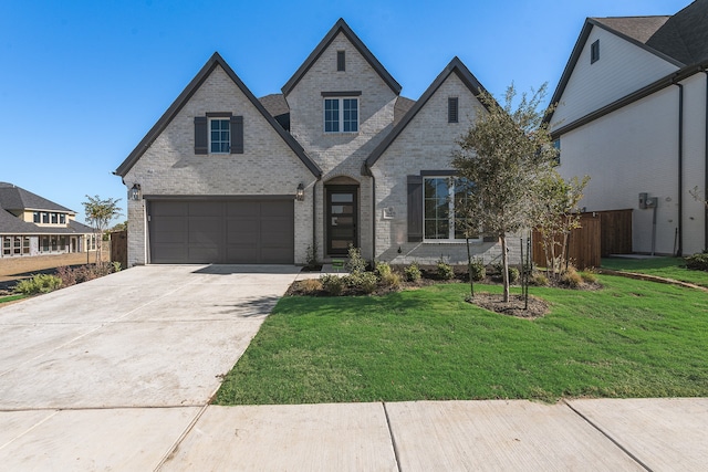 french country home with a garage, concrete driveway, brick siding, and a front lawn