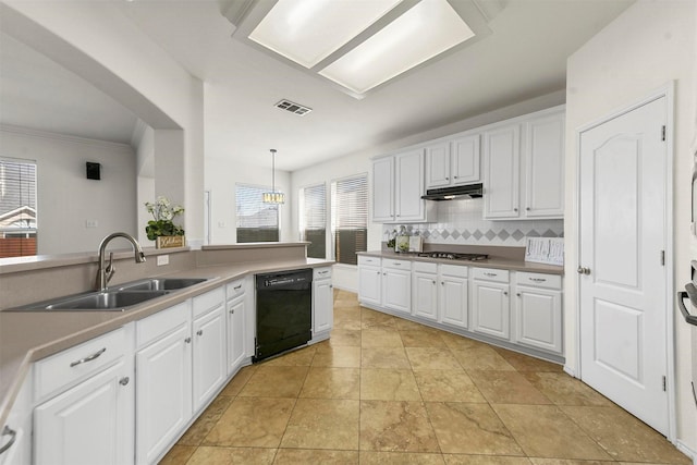 kitchen featuring under cabinet range hood, stainless steel gas cooktop, a sink, black dishwasher, and backsplash