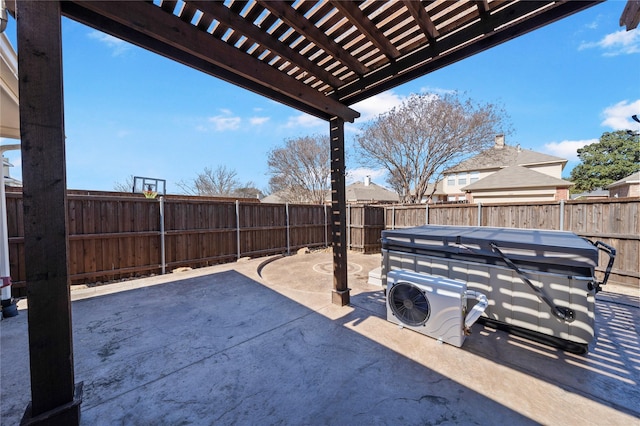 view of patio / terrace featuring ac unit, a fenced backyard, and a pergola