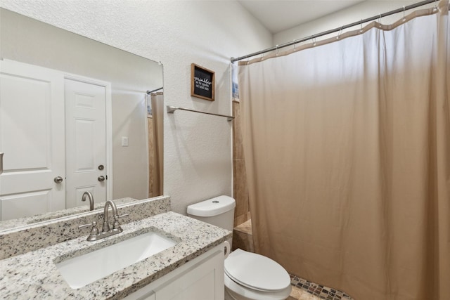 full bathroom featuring toilet, a shower with curtain, and vanity