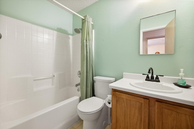 full bathroom featuring toilet, shower / tub combo, a textured ceiling, and vanity