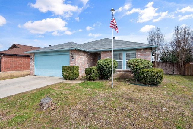 ranch-style house with driveway, an attached garage, fence, a front lawn, and brick siding