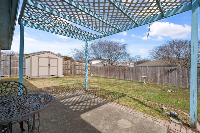 view of yard featuring a fenced backyard, an outdoor structure, a patio, and a shed