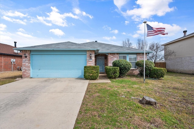 ranch-style house with driveway, an attached garage, a front yard, and brick siding