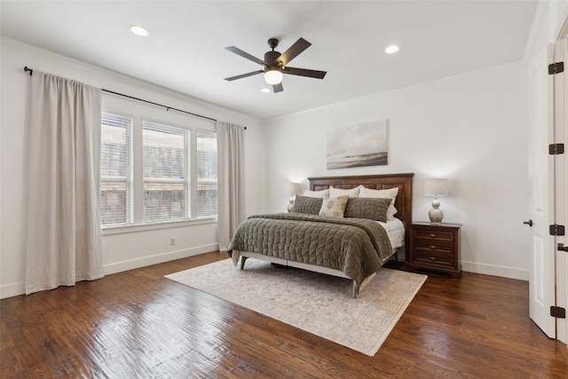 bedroom with a ceiling fan, recessed lighting, dark wood-style flooring, and baseboards