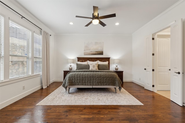 bedroom with baseboards, ornamental molding, dark wood-style flooring, and recessed lighting